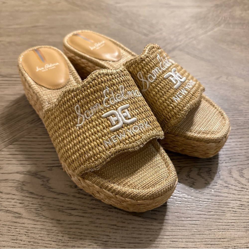 Sam Edelman Camila Sand Raffia Squared Open Toe Slip On Wedge 10.5